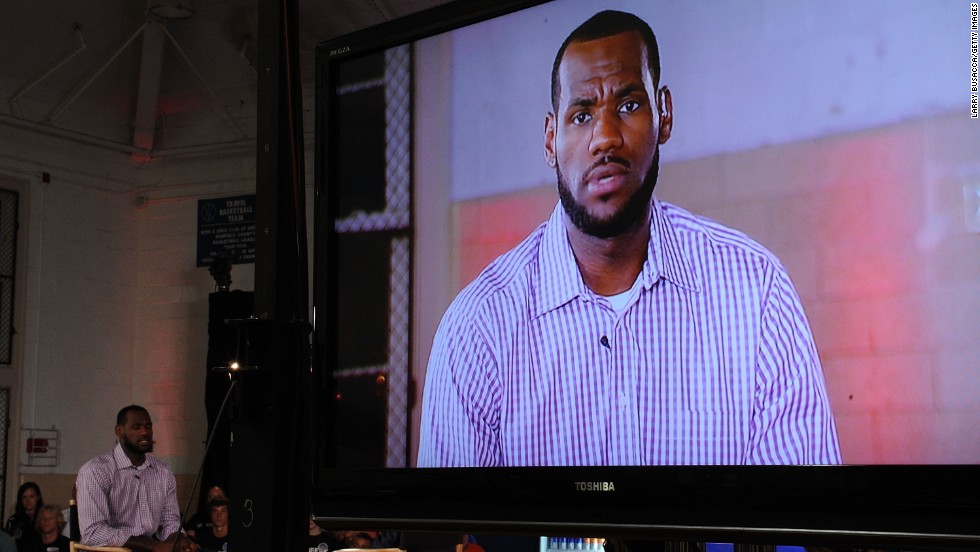 In July 2010, James speaks at the Boys &amp;amp; Girls Club in Greenwich, Connecticut. It was there that he announced, live on an ESPN program called &quot;The Decision,&quot; that he would be leaving Cleveland to play for the Miami Heat.