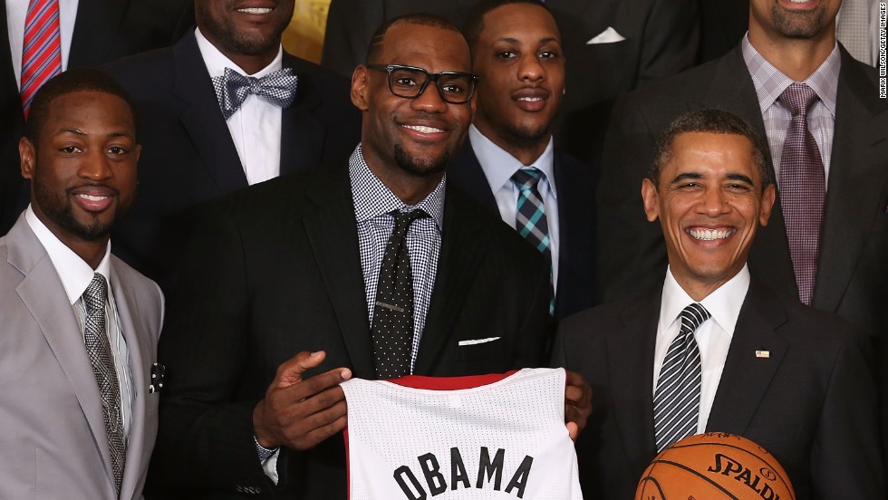 James presents President Obama with a jersey while the Heat were being honored at the White House in January 2013.