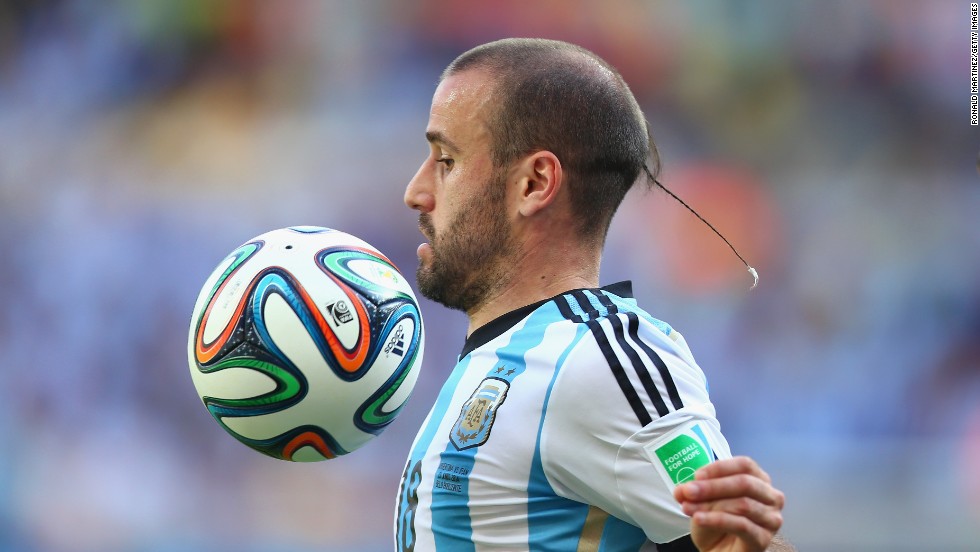 Argentina&#39;s Rodrigo Palacio sports a rat tail in the group stage of the 2014 tournament.