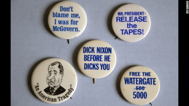 Forty years ago, Richard Nixon resigned the presidency in disgrace. That summer of 1974 brought not only the specter of impeachment hearings on Capitol Hill, but prompted entrepreneurs to produce a series of &#39;campaign-style&#39; anti-Nixon buttons. Today they are prized by political memorabilia collectors -- a souvenir from that summer of Watergate.