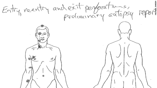 A diagram from the autopsy shows entry and exit wounds.