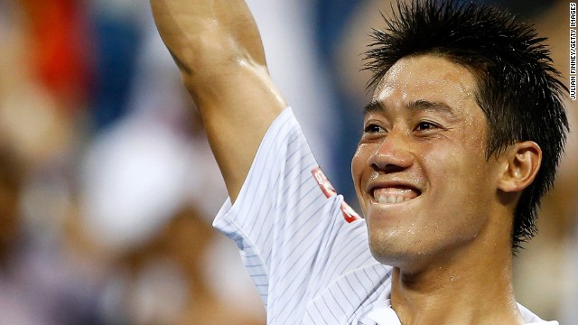 Kei Nishikori of Japan celebrates at match point against Milos Raonic of Canada on Day Eight of the 2014 US Open at the USTA Billie Jean King National Tennis Center on September 1, 2014 in the Flushing neighborhood of the Queens borough of New York City. (Photo by Julian Finney/Getty Images
