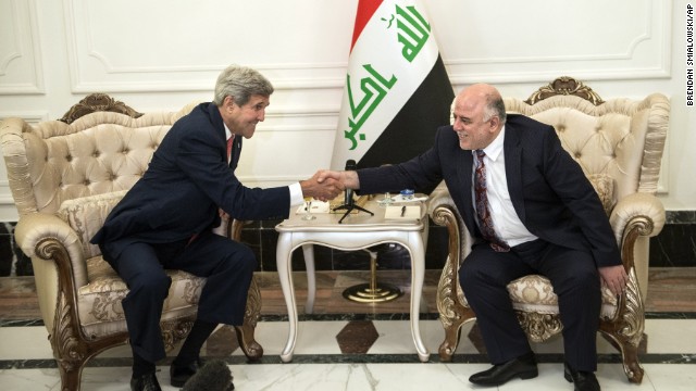 U.S. Secretary of State John Kerry, left, shakes hands with new Iraqi Prime Minister Haider al-Abadi after a meeting in Baghdad, Iraq, Wednesday,  Sept. 10, 2014. Kerry is traveling to the mideast this week to discuss ways to bolster the stability of the new Iraqi government and combat the Islamic State militant group that has taken over large swaths of Iraq and Syria. (AP Photo/Brendan Smialowski, Pool)