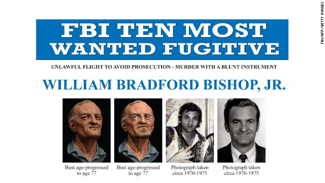 Photos of William Bradford Bishop from the FBI&#39;s wanted poster for him. At left is an age-progressed bust of Bishop while the two photos at right are from the 1970s. 