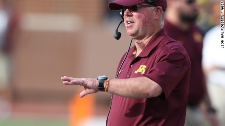 Caption:ANN ARBOR, MI - SEPTEMBER 27: Minnesota Golden Gophers head football coach Jerry Kill watches the action during the fourth quarter of the game against the Michigan Wolverines at Michigan Stadium on September 27, 2014 in Ann Arbor, Michigan. The Golden Gophers defeated the Wolvereines 30-14. (Photo by Leon Halip/Getty Images)