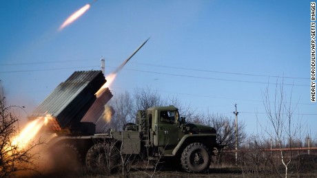 Pro-Russian rebels stationed in the eastern Ukrainian city of Gorlivka, Donetsk region, launch missiles from a Grad launch vehicle toward a position of the Ukrainian forces in Debaltseve, about 35km east of Gorlivka, on February 13, 2015. Fighting raged in Ukraine today as the clock ticked down to a ceasefire that will be a first test of Kiev and pro-Russian separatists&#39; committment to a freshly-inked peace plan.