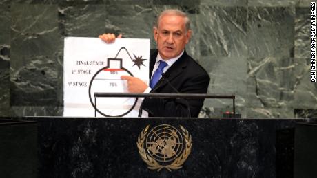 Netanyahu uses a diagram of a bomb to describe Iran&#39;s nuclear program during an address to the UN General Assembly in September 2012 in New York.