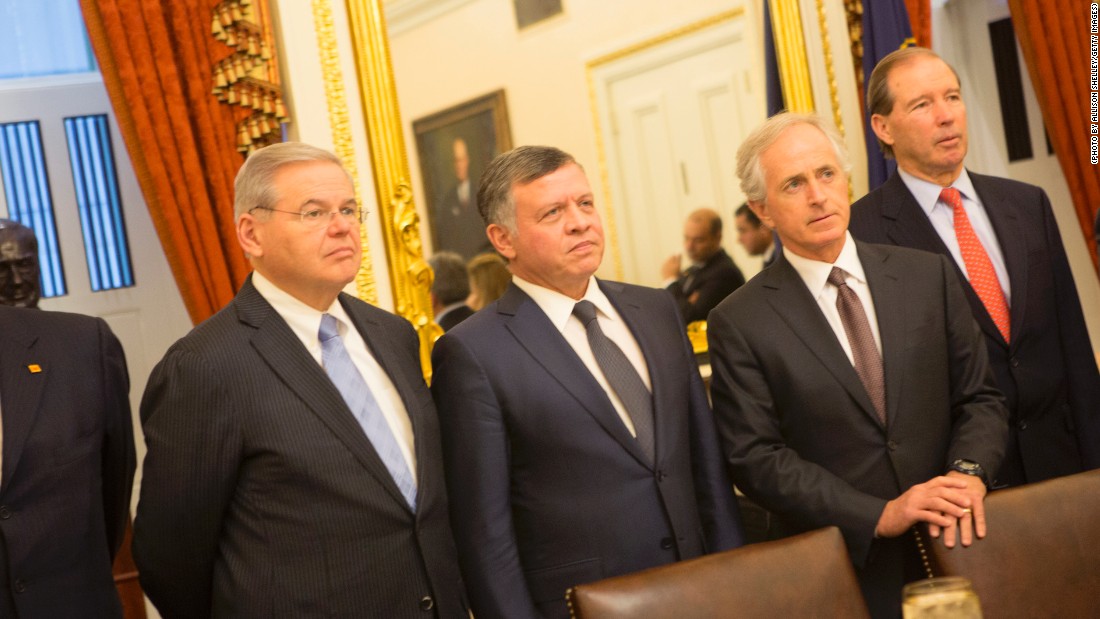 King Abdullah II of Jordan (third left) poses for a photo before meeting with members of the U.S. Foreign Relations Committee, including Sen. Robert Menendez (D-NJ) (second left) and Sen. Bob Corker (R-TN) (second right) February 3, 2015 on Capitol Hill in Washington, D.C. 
