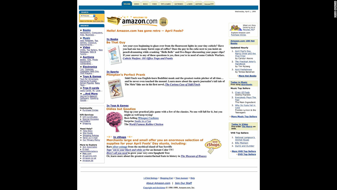 Amazon took customers back to 1999 with &lt;a href=&quot;http://www.amazon.com/&quot; target=&quot;_blank&quot;&gt;a retro-looking home page&lt;/a&gt;. Its top sellers in music and books include &quot;Chain of Fools&quot; and &quot;The Practical Joker&#39;s Handbook.&quot;