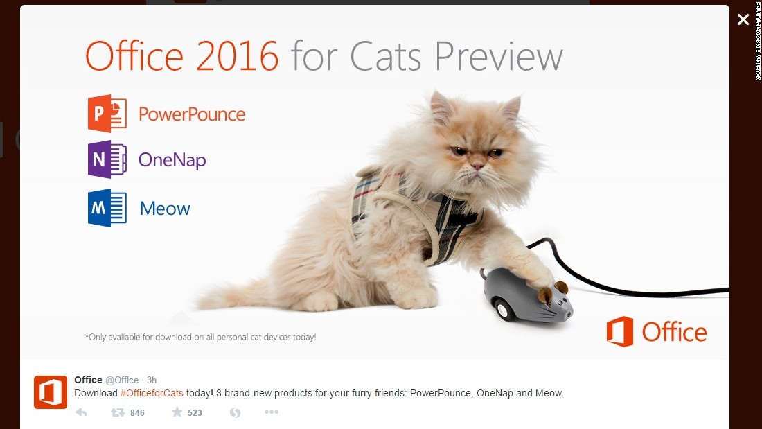 More cat humor! Microsoft also announced &lt;a href=&quot;https://twitter.com/Office/status/583247441526390784&quot; target=&quot;_blank&quot;&gt;Office 2016 for Cats&lt;/a&gt;. We&#39;re not sure what &quot;PowerPounce&quot; is, but we&#39;d like to find out.