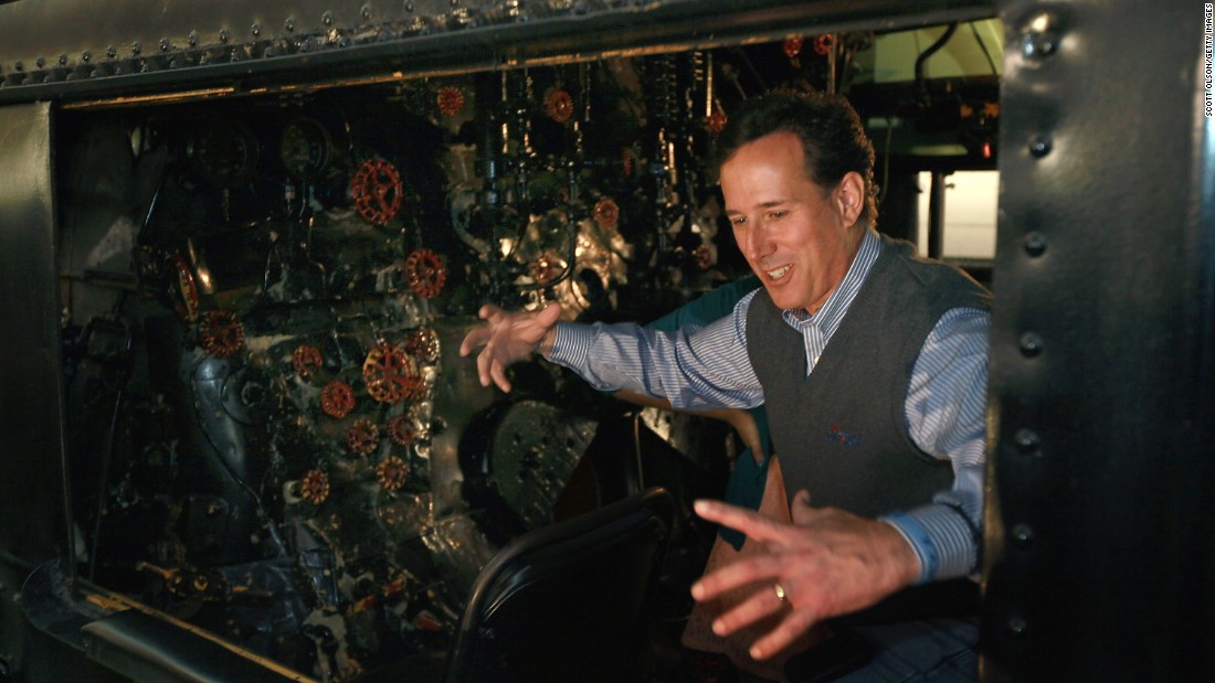 Santorum tours a train engine during a campaign stop at the National Railroad Museum on April 1, 2012, in Green Bay, Wisconsin.