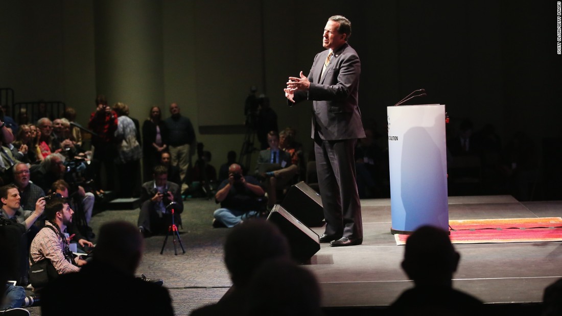 Santorum speaks at the Point of Grace Church for the Iowa Faith and Freedom Coalition 2015 Spring Kickoff on April 25 in Waukee, Iowa.