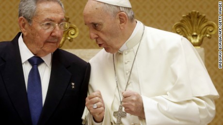 Pope Francis  (R) talks with Cuban President Raul Castro during a private audience at the Vatican on May 10, 2015. Cuban President Raul Castro arrived at the Vatican on Sunday to thank Pope Francis for his role in brokering the rapprochement between Havana and Washington. The first South American pope played a key role in secret negotiations between the United States and Cuba that led to the surprise announcement in December that they would seek to restore diplomatic ties after more than 50 years of tensions. AFP PHOTO/POOL/GREGORIO BORGIA        (Photo credit should read GREGORIO BORGIA/AFP/Getty Images)