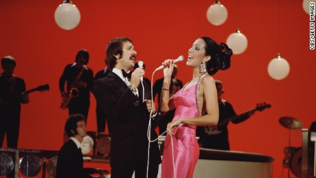 LOS ANGELES - JANUARY 1: Entertainers Sonny Bono (left) and Cher perform on their CBS television program &quot;The Sonny &amp; Cher Comedy Hour&quot; in 1973. (Photo by CBS via Getty Images) *** Local Caption *** Sonny Bono;Cher]
