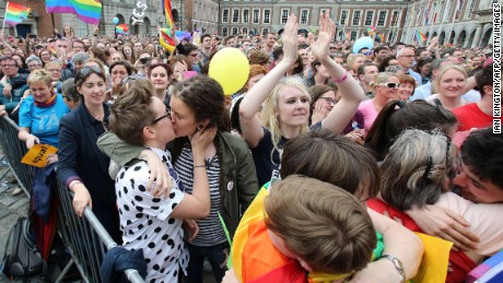 Almost two decades after homosexual acts were decriminalised in Ireland, supporters celebrate the same-sex marriage referendum in Dublin. 