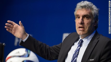 FIFA spokesman Walter De Gregorio gives a press conference at the FIFA headquarters, on May 27, 2015 in Zurich. Swiss police on Wednesday raided a Zurich hotel to detain six top football officials as part of a US investigation into tens of millions of dollars of bribes paid to sport leaders, Swiss authorities and media reports said.