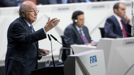 Caption:ZURICH, SWITZERLAND - MAY 29: FIFA President Joseph S. Blatter speaks during the 65th FIFA Congress at Hallenstadion on May 29, 2015 in Zurich, Switzerland. (Photo by Philipp Schmidli/Getty Images)
