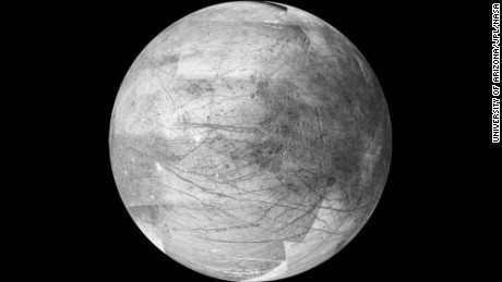 Jupiter's icy moon Europa may be the best place in the solar system to look for extraterrestrial life, according to NASA. The moon is about the size of Earth's moon and there is evidence it has an ocean beneath its frozen crust that may hold twice as much water as Earth. NASA's 2016 budget includes a request for $30 million to plan a mission to investigate Europa. The image above was taken by the Galileo spacecraft on November 25, 1999. It's a 12-frame mosaic and is considered the the best image yet of the side of Europa that faces Jupiter.