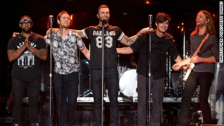 (From left) Michael Madden, PJ Morton, Adam Levine, James Valentine, Jesse Carmichael and Matt Flynn of Maroon 5.
