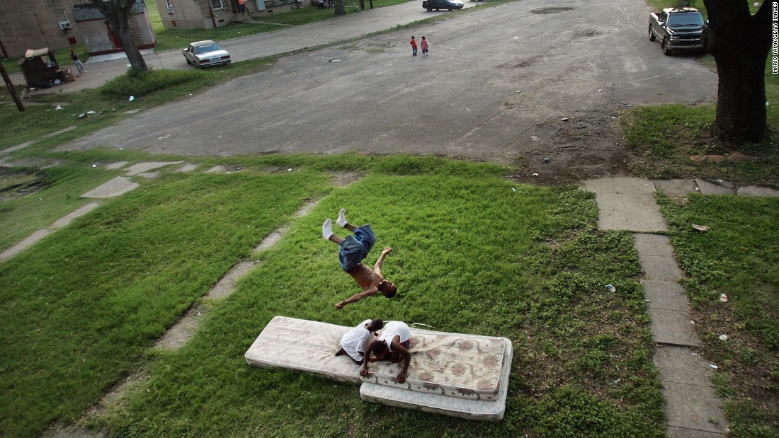 Residents of the B.W. Cooper housing project play on mattresses on June 10, 2007. Before Hurricane Katrina, B.W. Cooper held about 1,000 families and was the city&#39;s largest housing project.