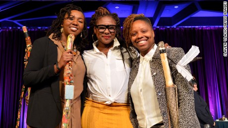 Left to right, co-founders of BLM, Opal Tometi, Alicia Garza and Patrisse Cullors appear onstage during The New York Women&#39;s Foundation Celebrating Women Breakfast in 2015.