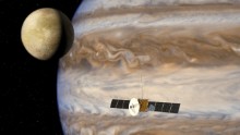 Are there are oceans on any of Jupiter's moons? The Juice probe shown in this artist's impression aims to find out. Picture courtesy of ESA/AOES