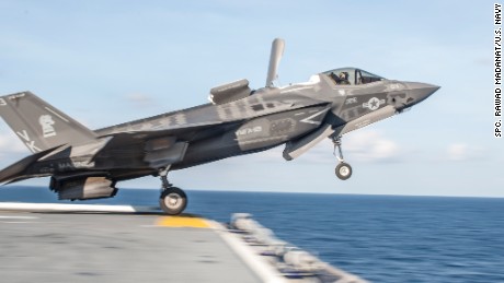 An F-35B takes off from the flight deck of the amphibious assault ship USS Wasp during testing in 2016.