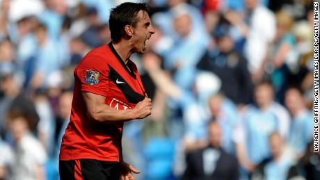  Gary Neville of Manchester United celebrates at the end of  the Premier League match between Manchester City and Manchester United at the City of Manchester Stadium on April 17, 2010.