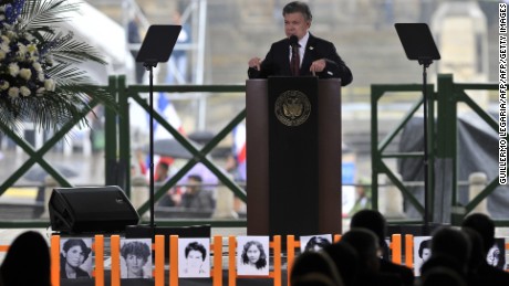 Colombia's President Juan Manuel Santos delivers a speech during a ceremony to commemorate the 30th anniversary of the siege of the Palace of Justice by the M-19 guerrilla and its bloody recovery by the Army, at the Palace of Justice in Bogota, on November 6, 2015. Santos apologized in a "public act of acknowledgment of international responsibility" of the State for the disappearance of people during the bloody recovery by the Army, accepting a measure of reparation ordered last year by the Inter-American Court of Human Rights (IACHR).   AFP PHOTO / GUILLERMO LEGARIAGUILLERMO LEGARIA/AFP/Getty Images