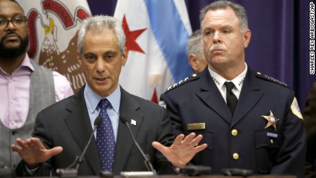 Chicago Mayor Rahm Emanuel, left, and Police Superintendent Garry McCarthy appear at a news conference, Tuesday, Nov. 24, 2015, in Chicago, announcing first-degree murder charges against police officer Jason Van Dyke in the Oct. 24, death of 17-year-old Laquan McDonald. The city then released the dash-cam video of the shooting to media outlets after the news conference. (AP Photo/Charles Rex Arbogast)