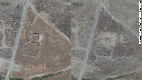 This combination of two satellite images provided by DigitalGlobe, taken on August 21, 2014, left, and August 29, 2015, right, shows the site of the 1,400-year-old Christian monastery known as St. Elijahs, or Dair Mar Elia, on the outskirts of Mosul, Iraq. 