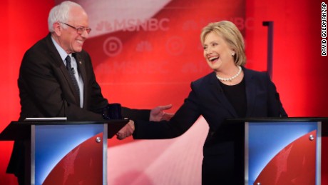 Democratic presidential candidate, Sen. Bernie Sanders, I-Vt,  and Democratic presidential candidate, Hillary Clinton shake hands during a Democratic presidential primary debate hosted by MSNBC at the University of New Hampshire Thursday, Feb. 4, 2016, in Durham, N.H. (AP Photo/David Goldman)