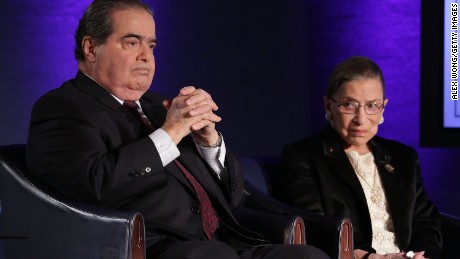 Supreme Court Justices Antonin Scalia (L) and Ruth Bader Ginsburg (R) wait for the beginning of the taping of &quot;The Kalb Report&quot; April 17, 2014 at the National Press Club in Washington, DC.  