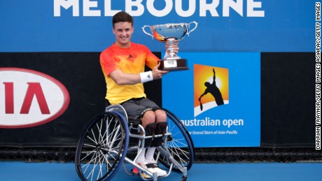 MELBOURNE, AUSTRALIA - JANUARY 30:  Gordon Reid of Great Britain poses with the championship trophy after winning the Men&#39;s Wheelchair Singles Final match against Joachim Gerard of Belgium during the Australian Open 2016 Wheelchair Championships at Melbourne Park on January 30, 2016 in Melbourne, Australia.  (Photo by Darrian Traynor/Getty Images)