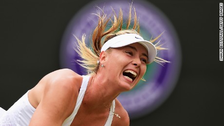 Maria Sharapova of Russia serves in her Ladies&#39; Singles Fourth Round match against Zarina Diyas of Kazakhstan during day seven of the Wimbledon Lawn Tennis Championships at the All England Lawn Tennis and Croquet Club on July 6, 2015 in London, England.  