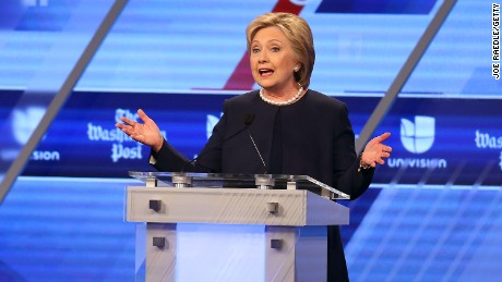 Hillary Clinton speaks during the Univision News and Washington Post Democratic Presidential Primary Debate at the Miami Dade College&#39;s Kendall Campus on March 9, 2016, in Miami.