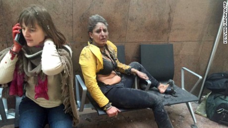 Nidhi Chaphekar, right, a 40-year-old Jet Airways flight attendant from Mumbai, and another unidentified woman after being wounded in Brussels Airport in Brussels, Belgium, after explosions were heard. The Indian flight attendant who was injured in the Brussels airport blasts is in stable condition and recovering, her airline Jet Airways said Friday, March 25, 2016. Chaphekar suffered burns and fractured her foot in the explosions on Tuesday. She has been treated at a hospital near Brussels. 