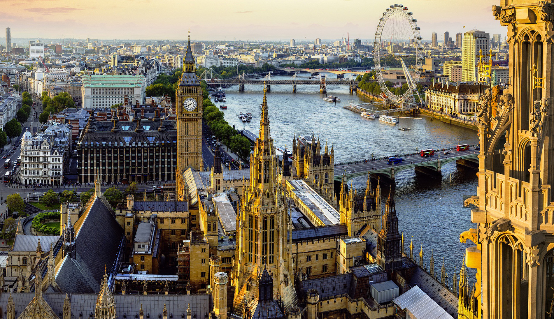 Skyline view of London, England featuring attractions like the millenium eye