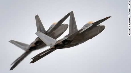 Two US Air Force F-22 Raptors fly over Alaska in 2016.