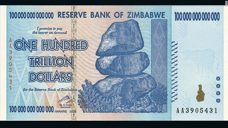 A photo of a one hundred trillion dollar note, issued by Zimbabwe&#39;s central bank after hyperinflation. Zimbabwe now uses US currency.