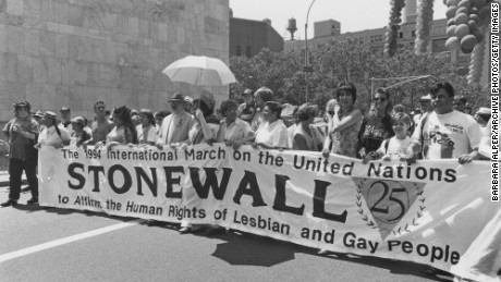Marchers commemorate the 25th anniversary of the Stonewall riots in 1994 in New York City. 