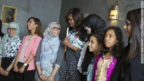 First Lady Michelle Obama talks with students about &quot;girl power&quot; prior to a conversation in support of the Let Girls Learn initiative, at Dar Diafa Restaurant in Marrakech, Morocco, June 28, 2016. (Official White House Photo by Amanda Lucidon)