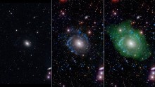 Meet UGC 1382: What astronomers thought was a normal elliptical galaxy (left) was actually revealed to be a massive disc galaxy made up of different parts when viewed with ultraviolet and deep optical data (center and right). In a complete reversal of normal galaxy structure, the center is younger than its outer spiral disk.