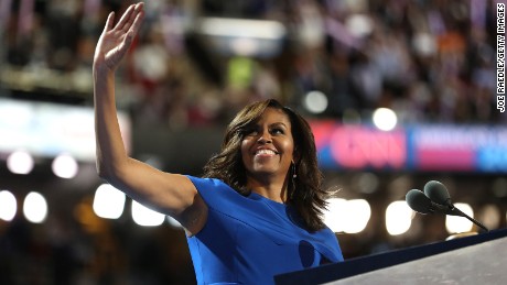 First lady Michelle Obama acknowledges the crowd before delivering remarks on the first day of the Democratic National Convention at the Wells Fargo Center, July 25, 2016 in Philadelphia, Pennsylvania. 