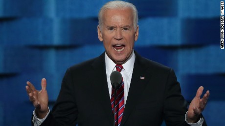 US Vice President Joe Biden delivers remarks on the third day of the Democratic National Convention at the Wells Fargo Center, July 27, 2016 in Philadelphia, Pennsylvania. Democratic presidential candidate Hillary Clinton received the number of votes needed to secure the party&#39;s nomination. An estimated 50,000 people are expected in Philadelphia, including hundreds of protesters and members of the media. The four-day Democratic National Convention kicked off July 25. 
