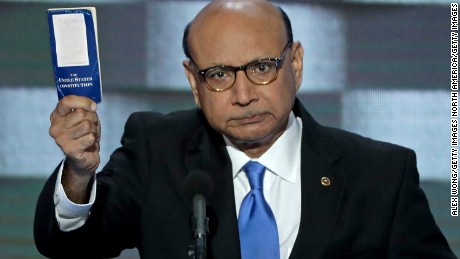 PHILADELPHIA, PA - JULY 28:  Khizr Khan, father of deceased Muslim U.S. Soldier, holds up a booklet of the US Constitution as he delivers remarks on the fourth day of the Democratic National Convention at the Wells Fargo Center, July 28, 2016 in Philadelphia, Pennsylvania. Democratic presidential candidate Hillary Clinton received the number of votes needed to secure the party&#39;s nomination. An estimated 50,000 people are expected in Philadelphia, including hundreds of protesters and members of the media. The four-day Democratic National Convention kicked off July 25.  (Photo by Alex Wong/Getty Images)