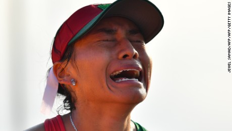 Mexico's Maria Guadalupe Gonzalez reacts after winning the silver medal in the Women's 20km Race Walk during the athletics event at the Rio 2016 Olympic Games in Pontal in Rio de Janeiro on August 19, 2016.   / AFP / Jewel SAMAD        (Photo credit should read JEWEL SAMAD/AFP/Getty Images)
