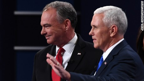 Mike Pence and Tim Kaine arrive for the vice presidential debate at Longwood University in Farmville, Virginia, on October 4, 2016.