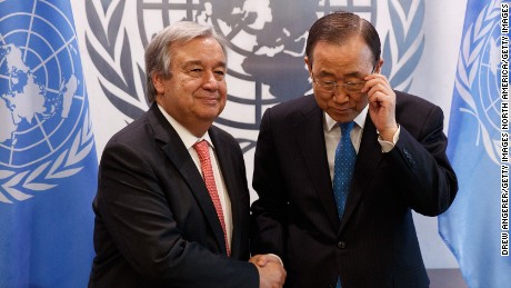 NEW YORK, NY - OCTOBER 13: (L to R) Newly-elected United Nations Secretary General-designate Antonio Guterres and outgoing secretary general Ban Ki-moon shake hands during a photo opportunity at the United Nations (UN) headquarters October 13, 2016 in New York City. Guterres, a former prime minister of Portugal, will replace outgoing secretary general Ban Ki-moon starting in January 2017. (Photo by Drew Angerer/Getty Images)