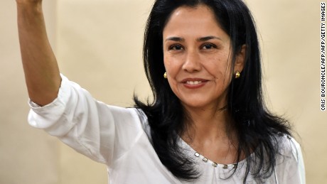 Peruvian First Lady Nadine Heredia gestures after voting in Lima during general elections on April 10, 2016. 
Almost 23 million Peruvians in Peru and abroad are expected to decide whether Keiko Fujimori, daughter of an ex-president jailed for massacres, should become their first female head of state in an election marred by alleged vote-buying and guerrilla attacks that killed four. / AFP / CRIS BOURONCLE        (Photo credit should read CRIS BOURONCLE/AFP/Getty Images)